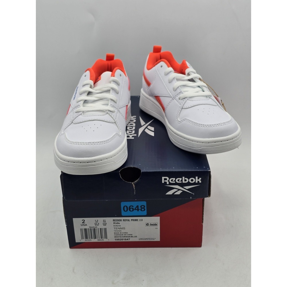 Reebok Boys Royal Prime 2.0 White Orange US Sz 2 - Big Kids Sneaker - NEW